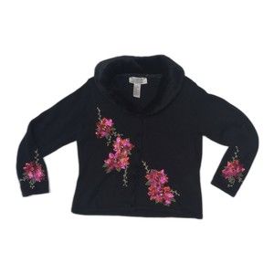 Tiara Christmas Collection Poinsettia Sequin Embroidery Faux Fur Sweater Size M